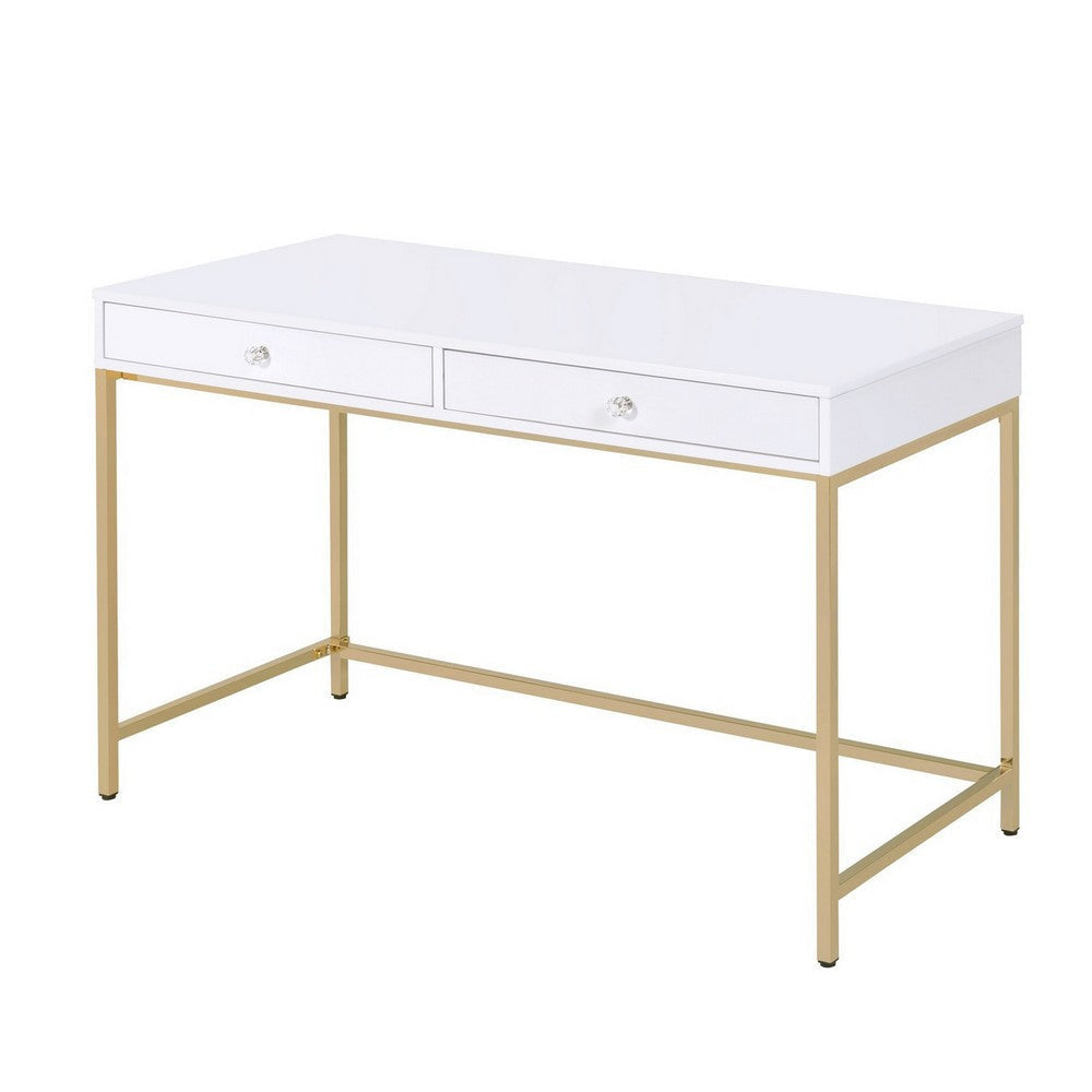 Two Drawers Wooden Desk with Tubular Metal Base White and Gold AMF-92540