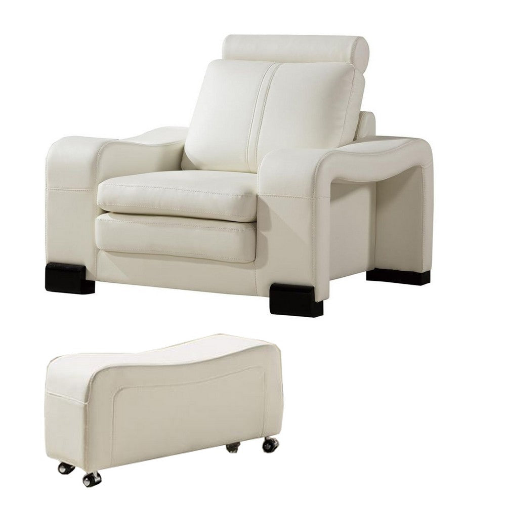 Faux Leather Upholstered Wooden Sofa Chair and Ottoman Set White By Casagear Home BM194467