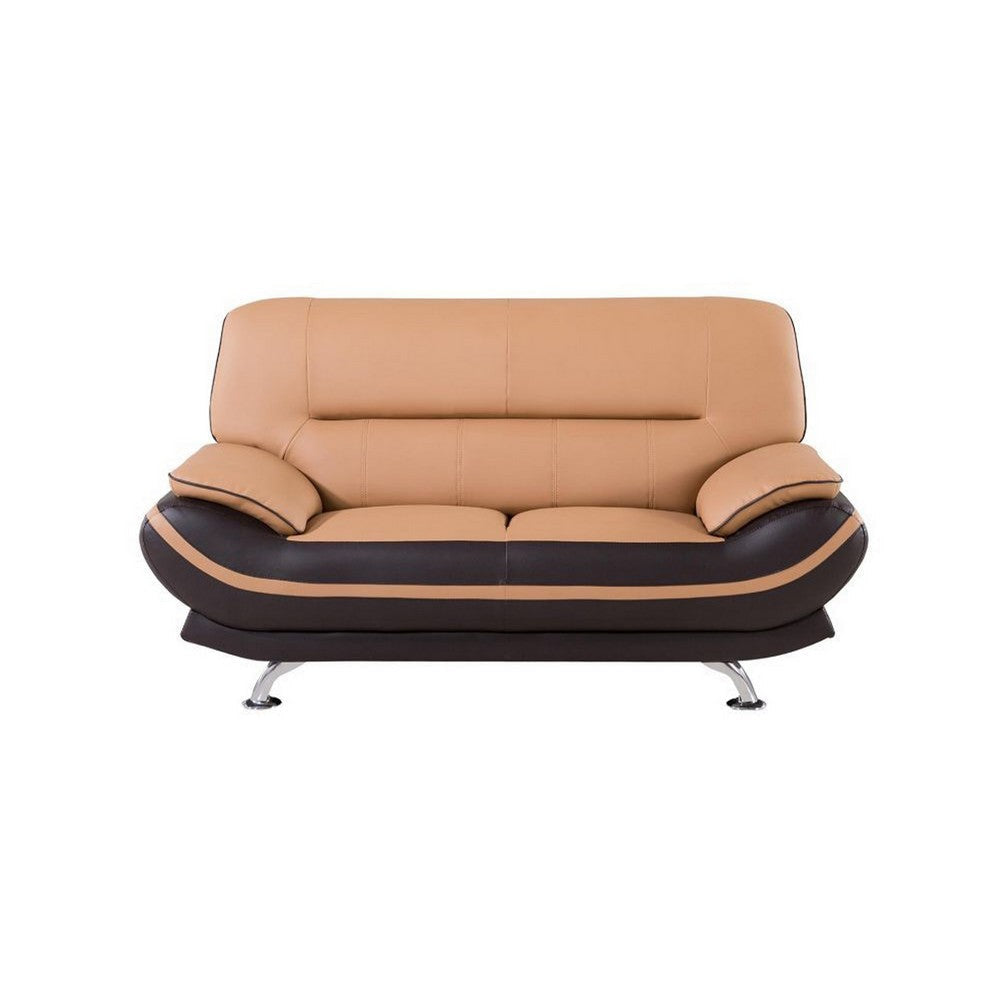 Loveseat | Tufted Faux Leather | Wood Frame | Brown & Silver