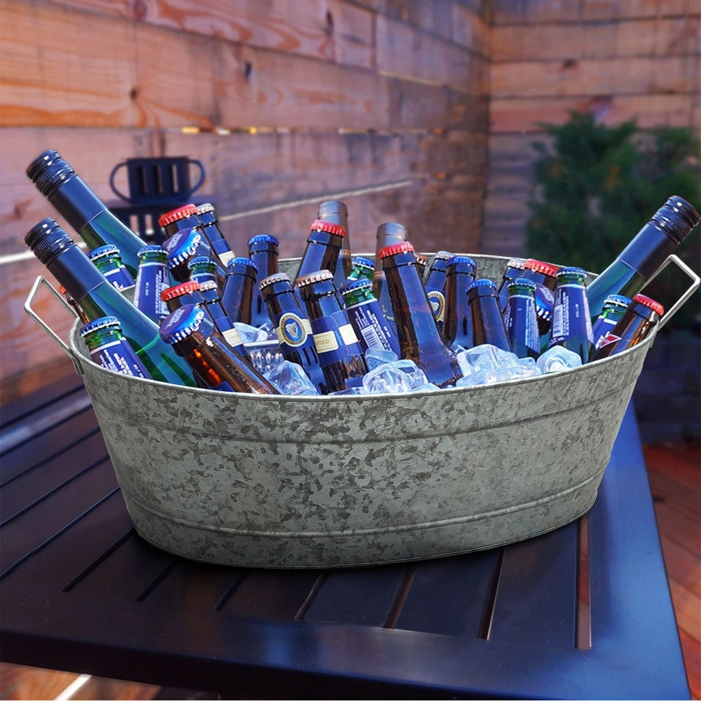 Embossed Design Oval Shape Galvanized Steel Tub with Side Handles Large Silver By The Urban Port BM195213
