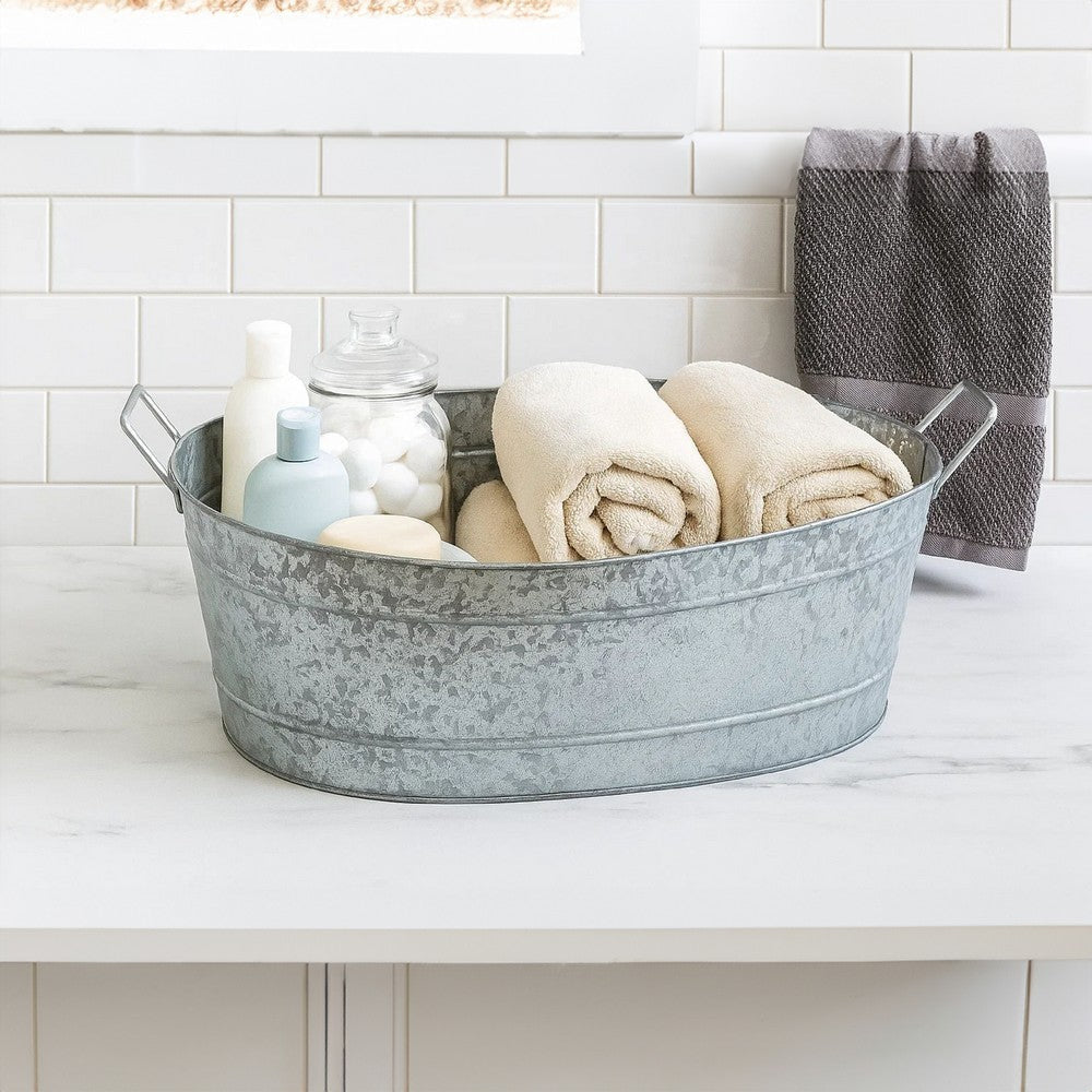 Embossed Design Oval Shape Galvanized Steel Tub with Side Handles, Large, Silver By The Urban Port