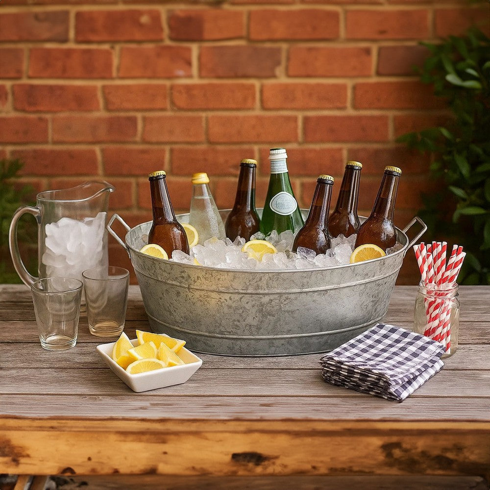 Embossed Design Oval Shape Galvanized Steel Tub with Side Handles Large Silver By The Urban Port BM195213