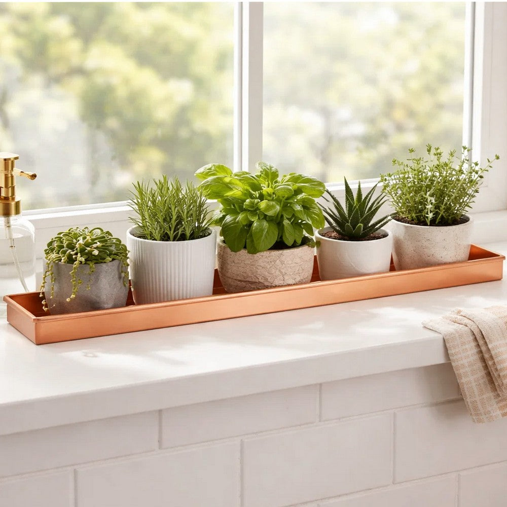 29 Inch Rectangular Metal Windowsill Planter Tray, Trim Edges, Large, Copper By The Urban Port