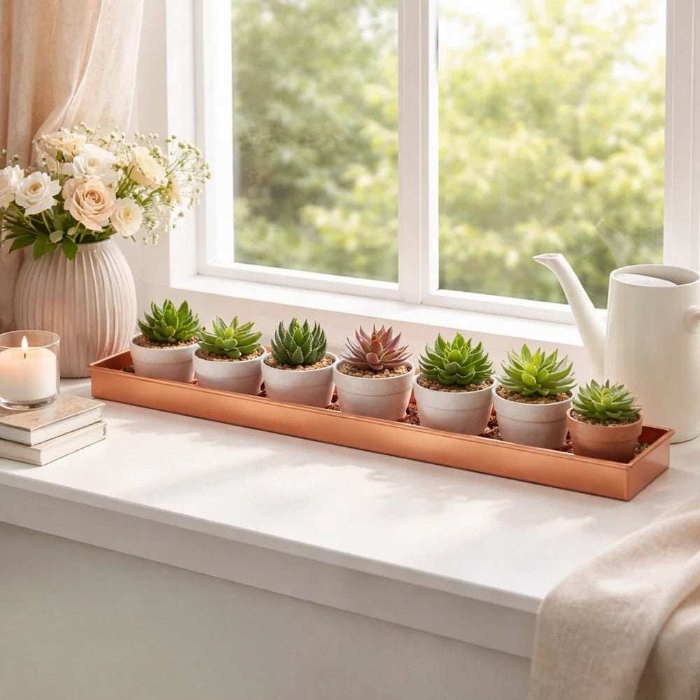 29 Inch Rectangular Metal Windowsill Planter Tray, Trim Edges, Large, Copper By The Urban Port