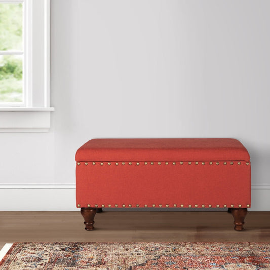 Fabric Upholstered Wooden Storage Bench With Nail head Trim, Large, Orange and Brown - K5668NP-F1289 By Casagear Home