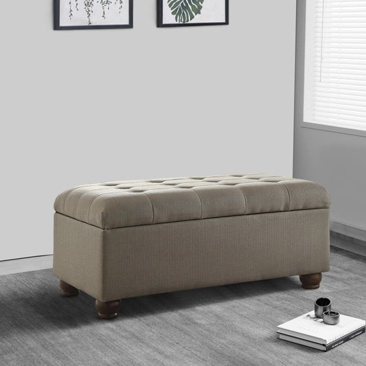 Storage Bench | Textured Fabric | Button Tufted | Bun Feet | Gray Brown