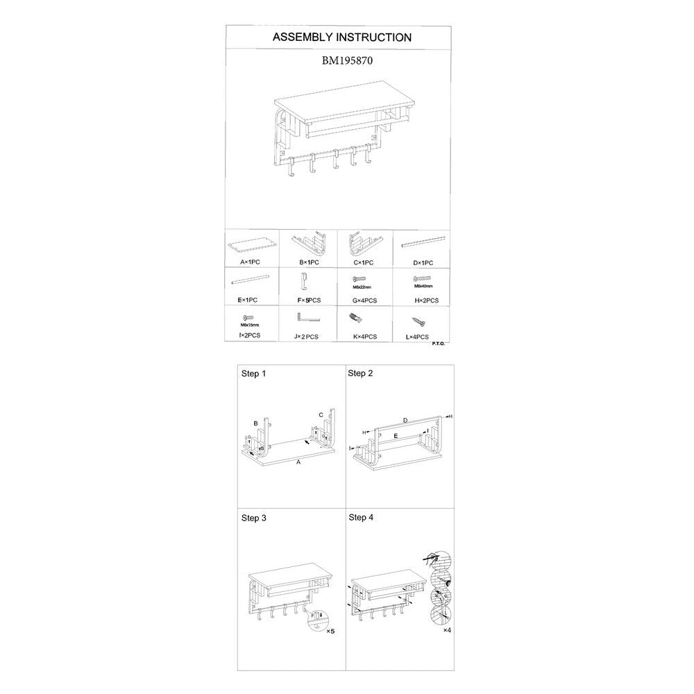 26 Inch Industrial Metal Frame Wall Mount Coat Rack 5 Hooks 1 Shelf Rustic Brown Black By The Urban Port BM195870