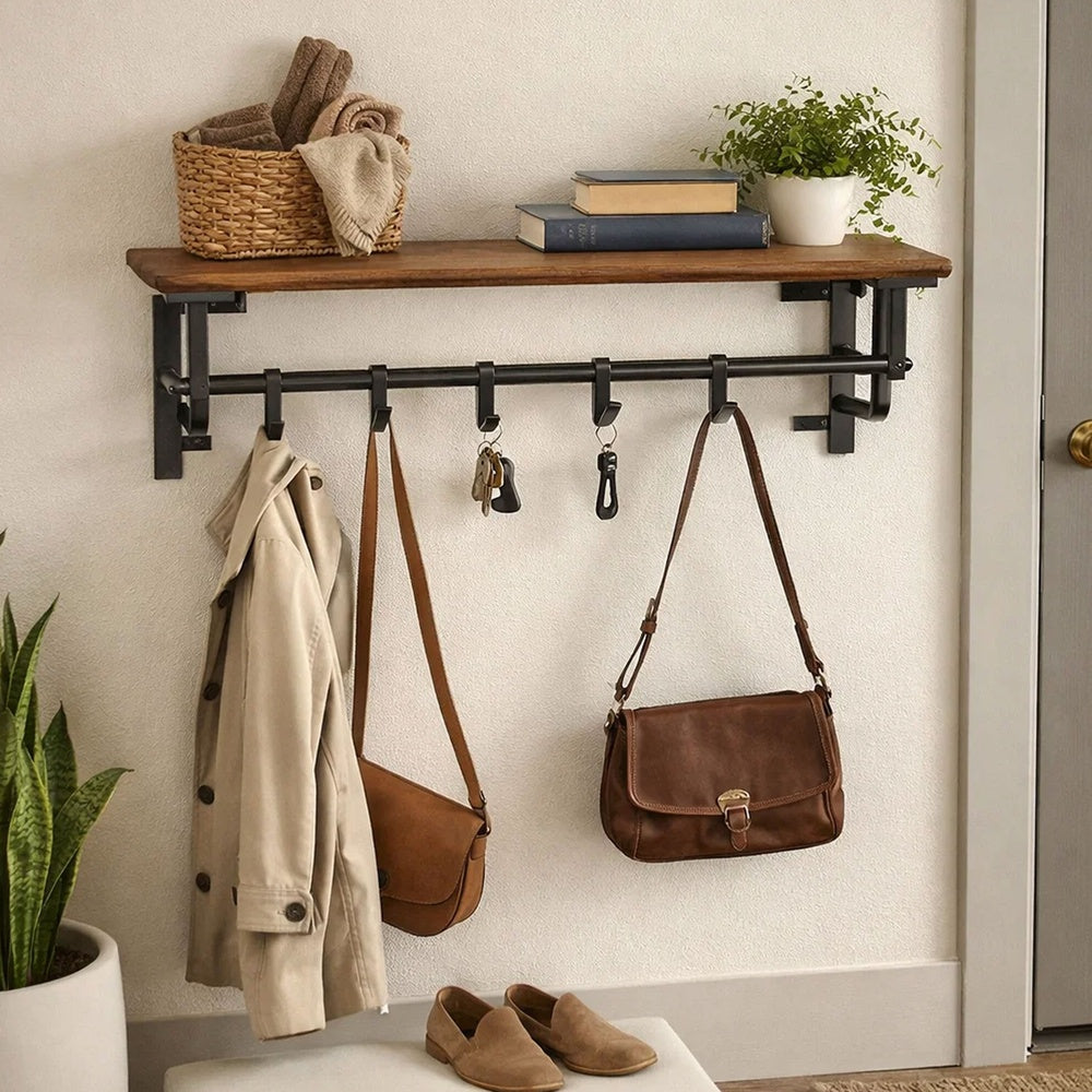 26 Inch Industrial Metal Frame Wall Mount Coat Rack, 5 Hooks, 1 Shelf, Rustic Brown, Black By The Urban Port