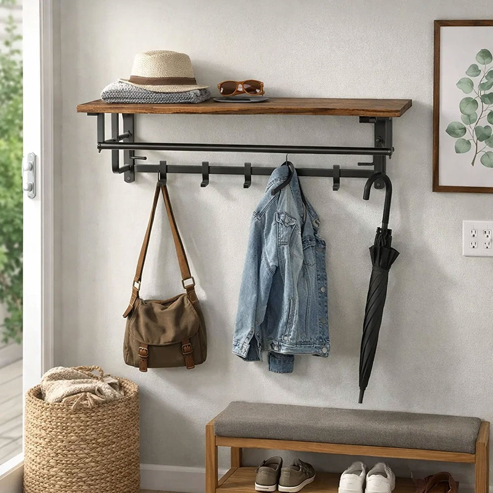 26 Inch Industrial Metal Frame Wall Mount Coat Rack, 5 Hooks, 1 Shelf, Rustic Brown, Black By The Urban Port