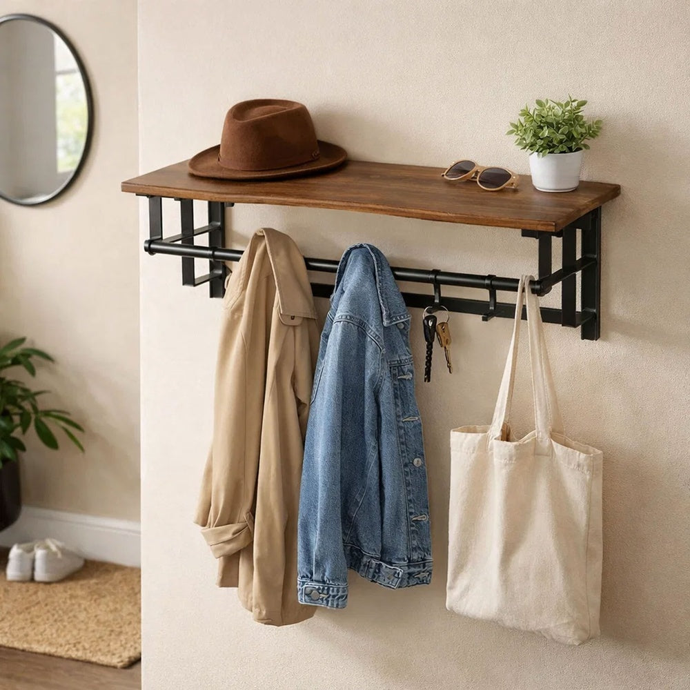 26 Inch Industrial Metal Frame Wall Mount Coat Rack, 5 Hooks, 1 Shelf, Rustic Brown, Black By The Urban Port