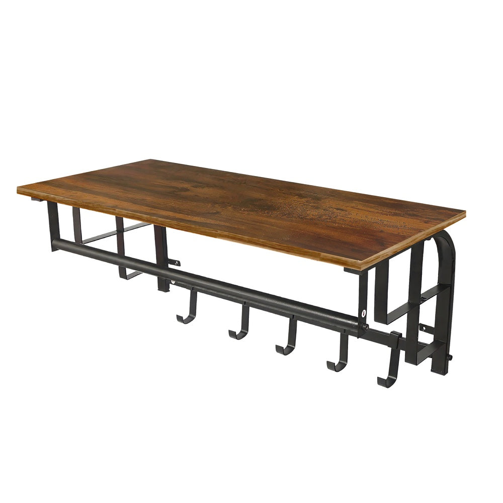 26 Inch Industrial Metal Frame Wall Mount Coat Rack, 5 Hooks, 1 Shelf, Rustic Brown, Black By The Urban Port