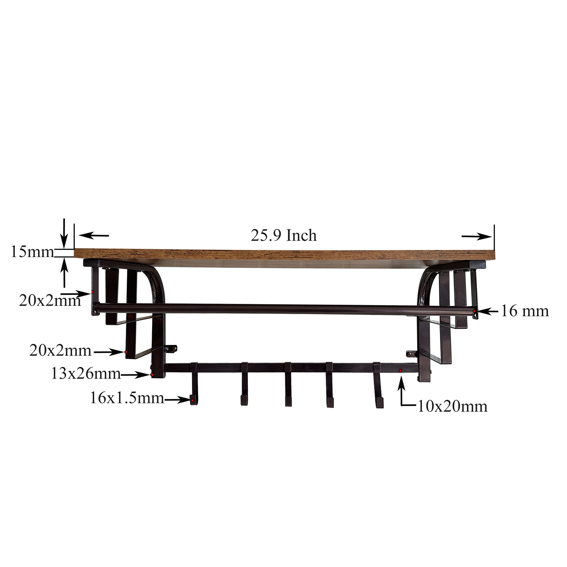 26 Inch Industrial Metal Frame Wall Mount Coat Rack 5 Hooks 1 Shelf Rustic Brown Black By Casagear Home BM195870