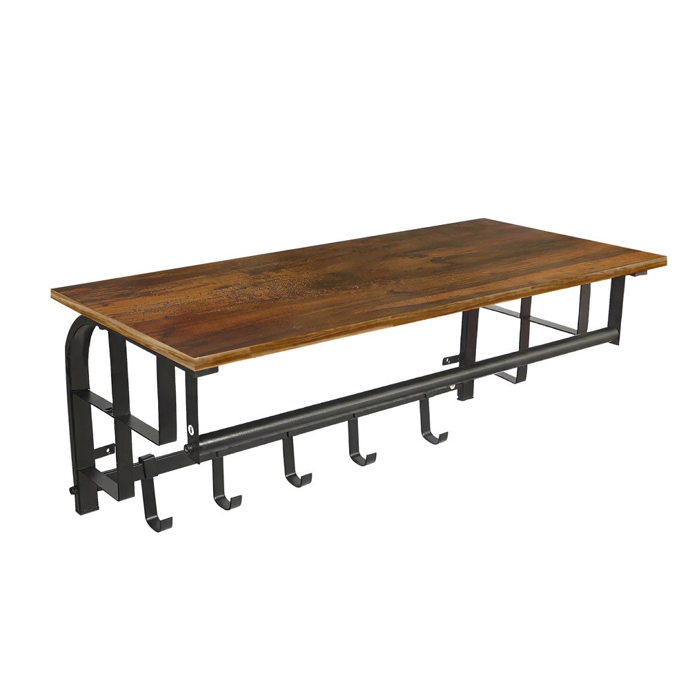 26 Inch Industrial Metal Frame Wall Mount Coat Rack, 5 Hooks, 1 Shelf, Rustic Brown, Black By The Urban Port
