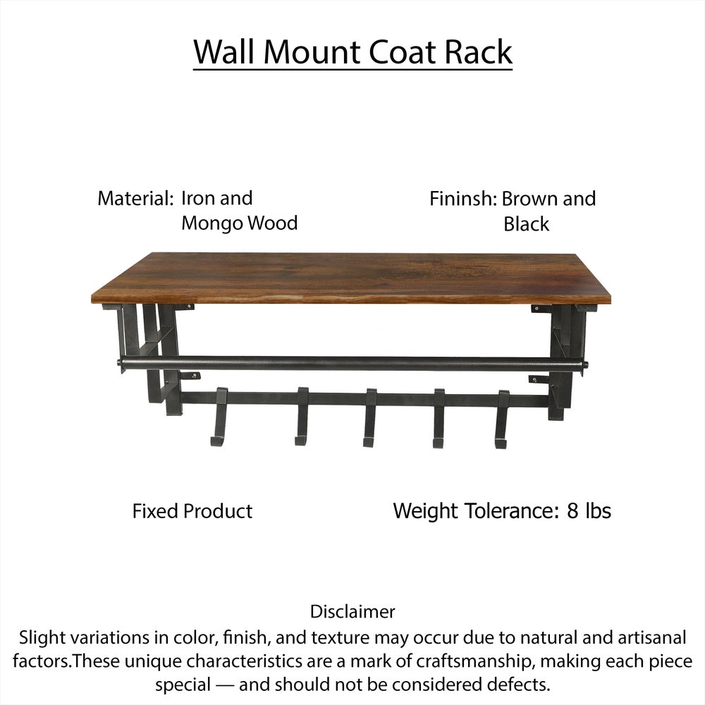 26 Inch Industrial Metal Frame Wall Mount Coat Rack, 5 Hooks, 1 Shelf, Rustic Brown, Black By The Urban Port
