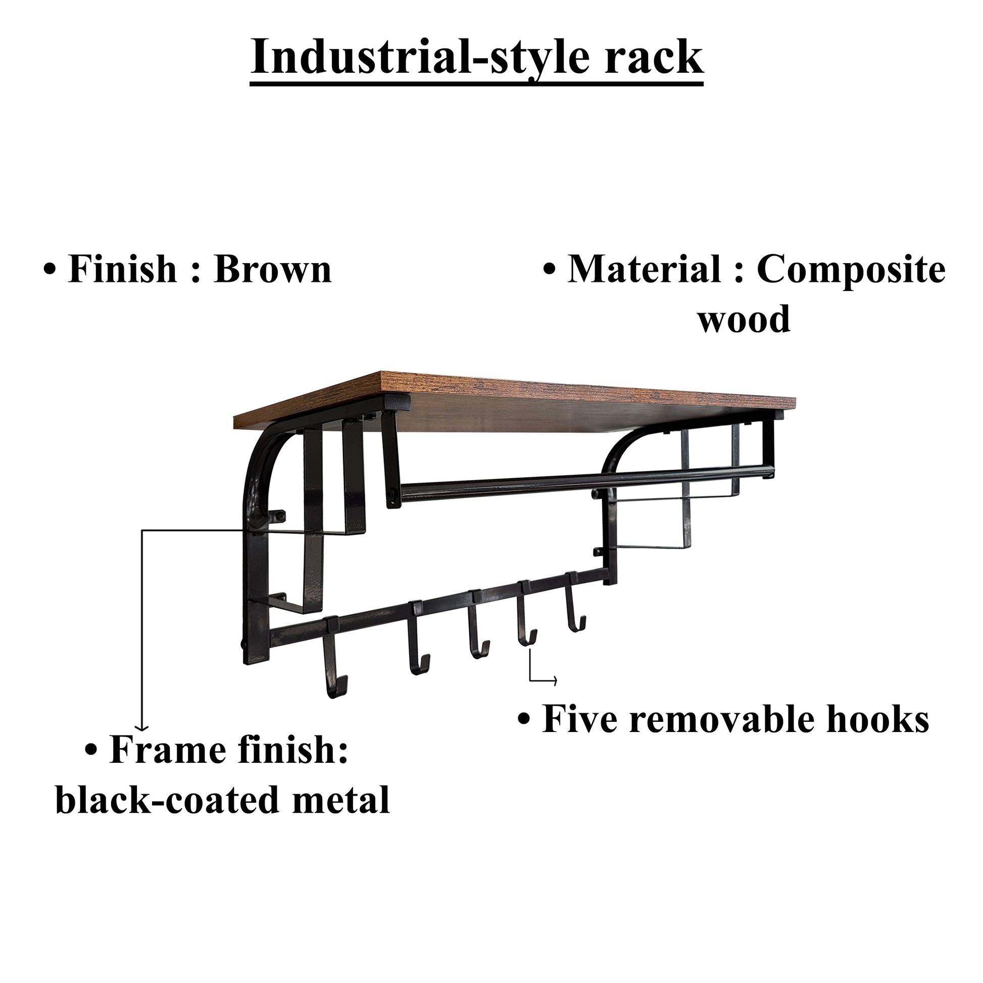 26 Inch Industrial Metal Frame Wall Mount Coat Rack 5 Hooks 1 Shelf Rustic Brown Black By Casagear Home BM195870