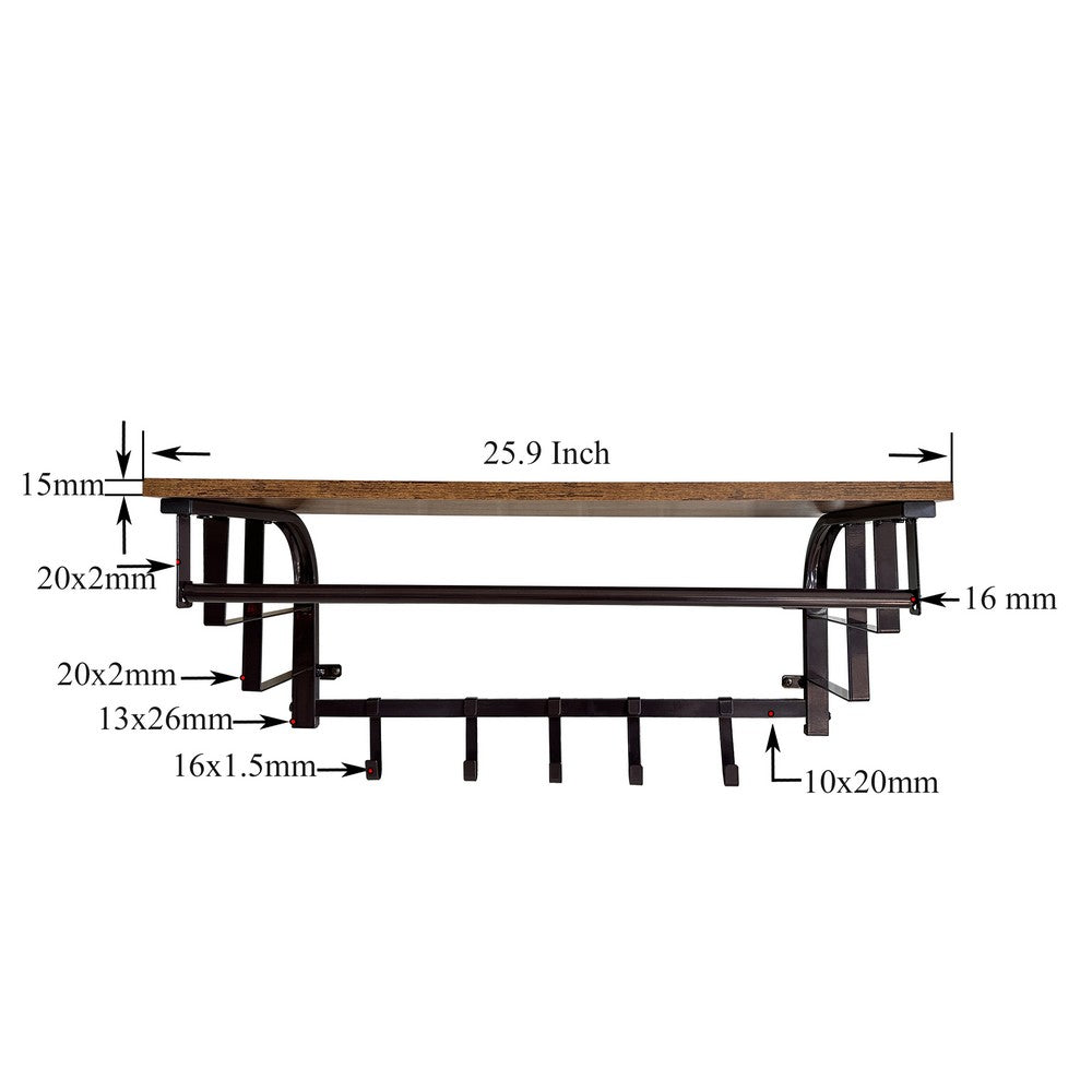 26 Inch Industrial Metal Frame Wall Mount Coat Rack 5 Hooks 1 Shelf Rustic Brown Black By The Urban Port BM195870