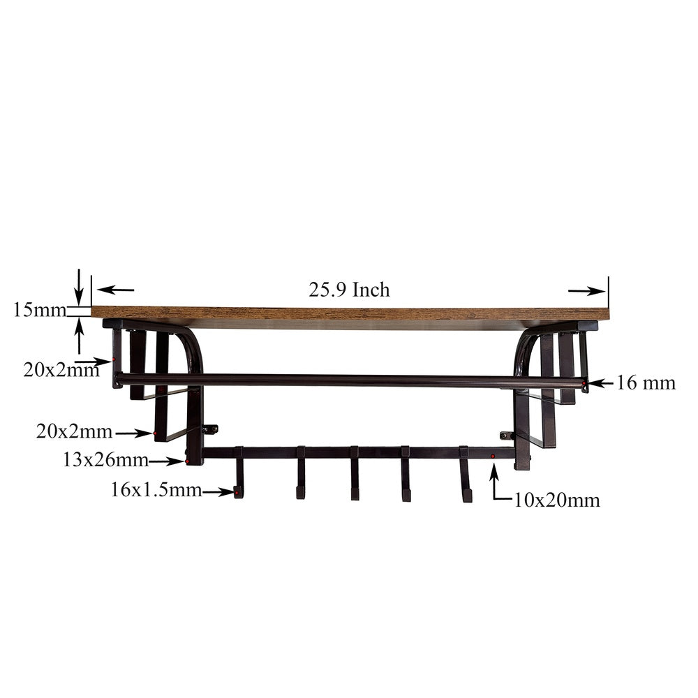 26 Inch Industrial Metal Frame Wall Mount Coat Rack, 5 Hooks, 1 Shelf, Rustic Brown, Black By The Urban Port