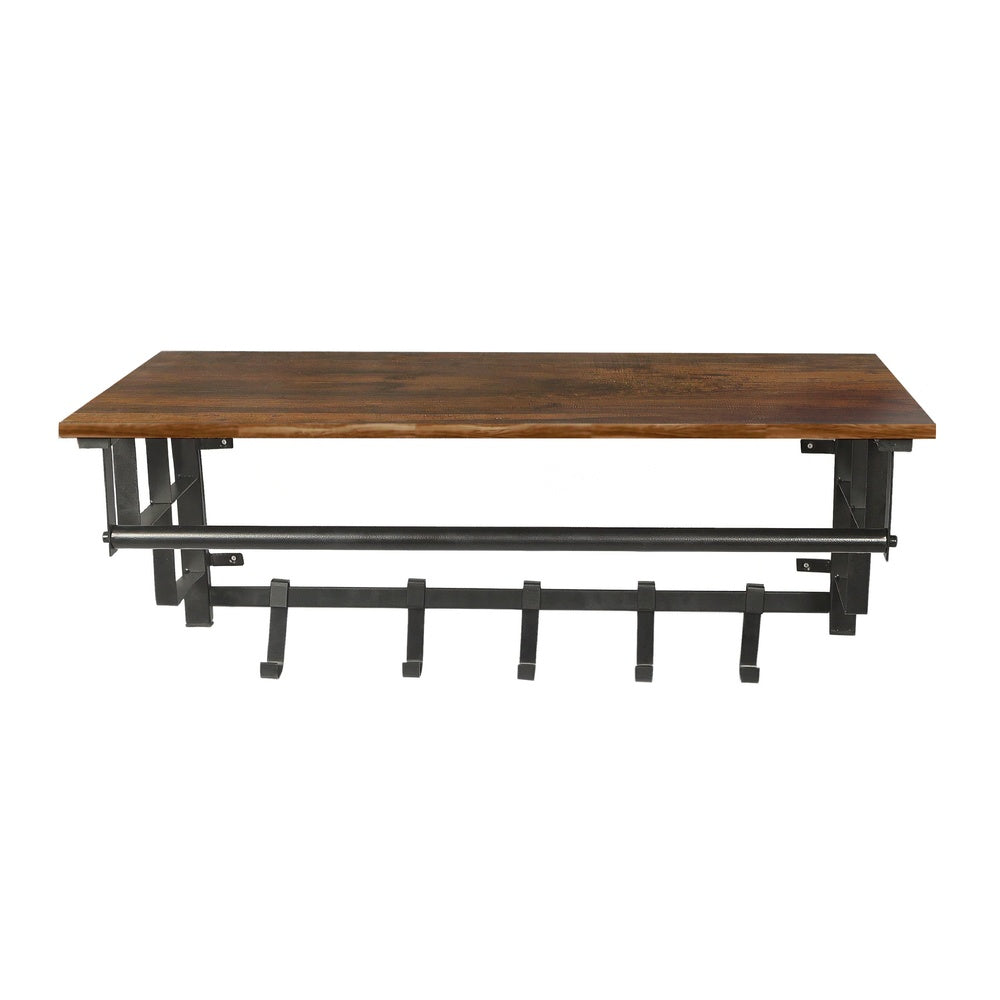 26 Inch Industrial Metal Frame Wall Mount Coat Rack, 5 Hooks, 1 Shelf, Rustic Brown, Black By The Urban Port