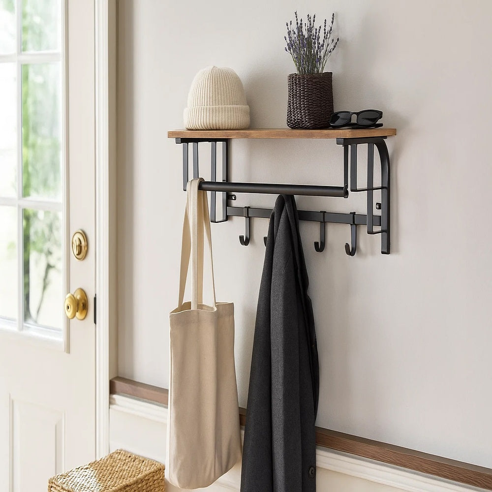 26 Inch Industrial Metal Frame Wall Mount Coat Rack, 5 Hooks, 1 Shelf, Rustic Brown, Black By The Urban Port