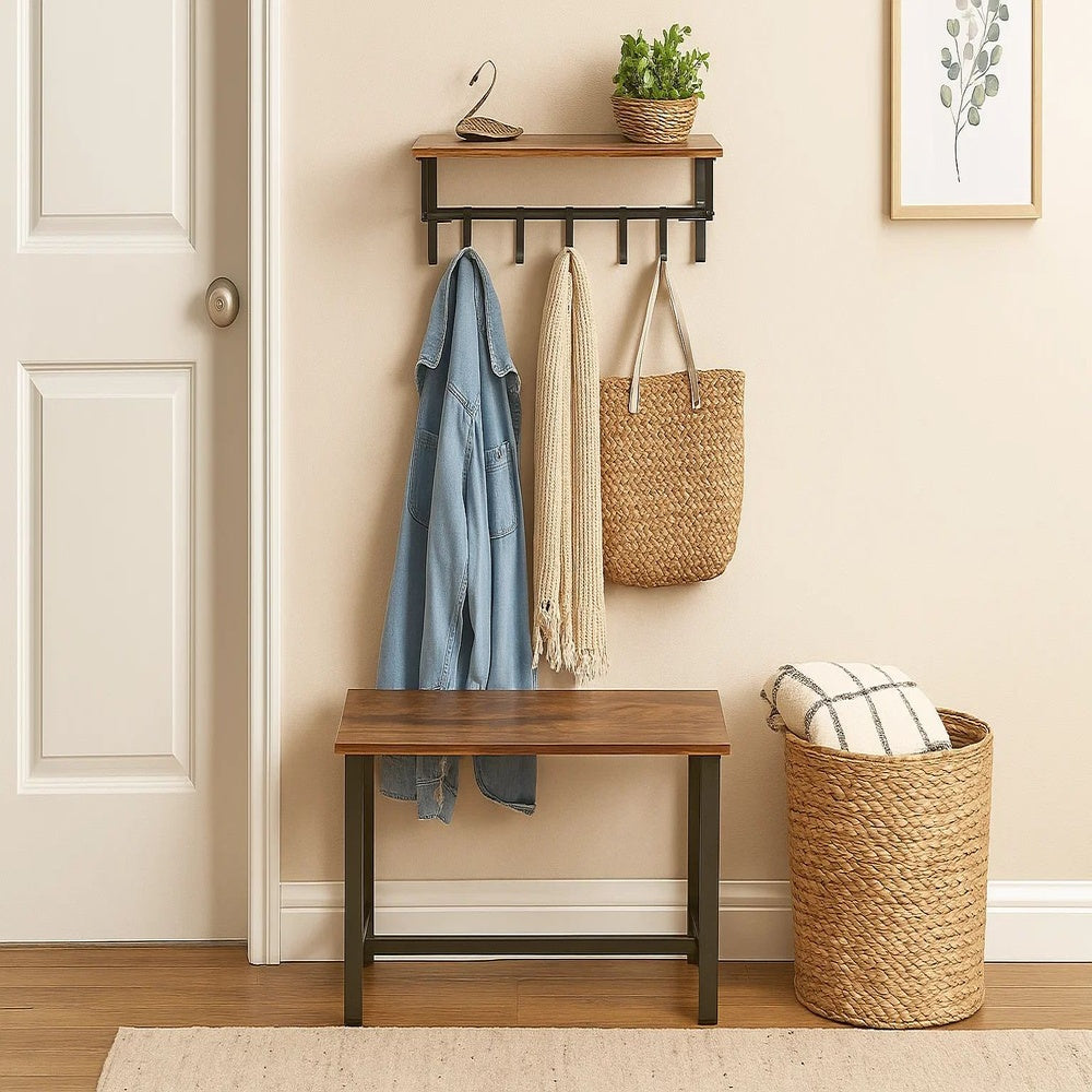 26 Inch Industrial Metal Frame Wall Mount Coat Rack, 5 Hooks, 1 Shelf, Rustic Brown, Black By The Urban Port