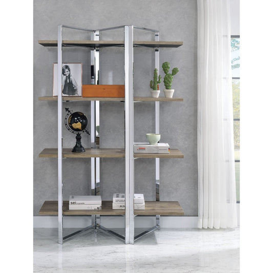 Geometric Metal Framed Bookshelf with Four Open Wooden Shelves- 92545 By Casagear Home