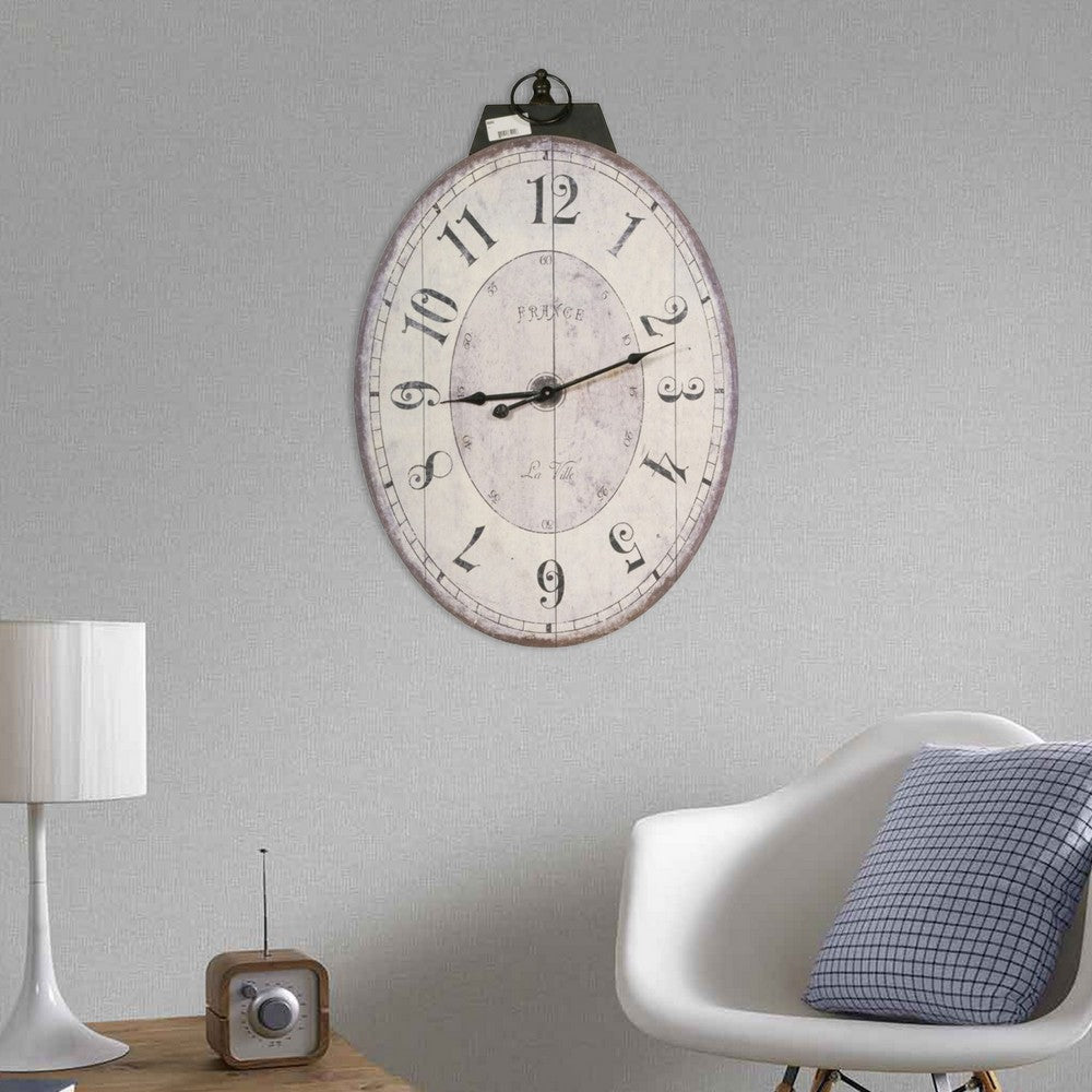 Wall Clock | Oval Wood | Distressed | Ring Hanger | White & Black