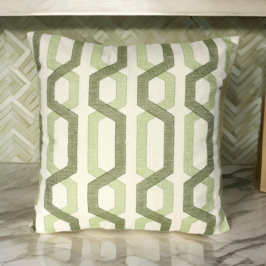 Pillow | Cotton | Geometric Embroidery | White & Green