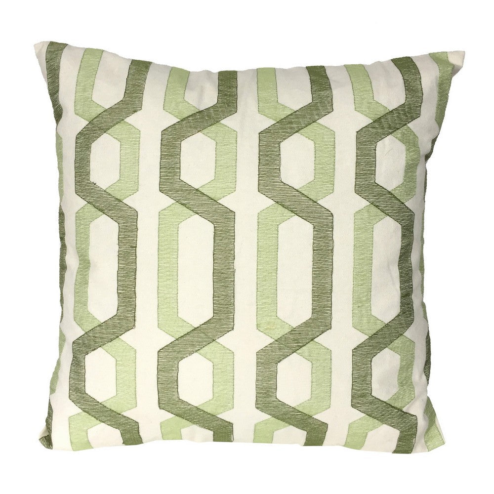 Contemporary Cotton Pillow with Geometric Embroidery White and Green - BM200583 By Casagear Home BM200583