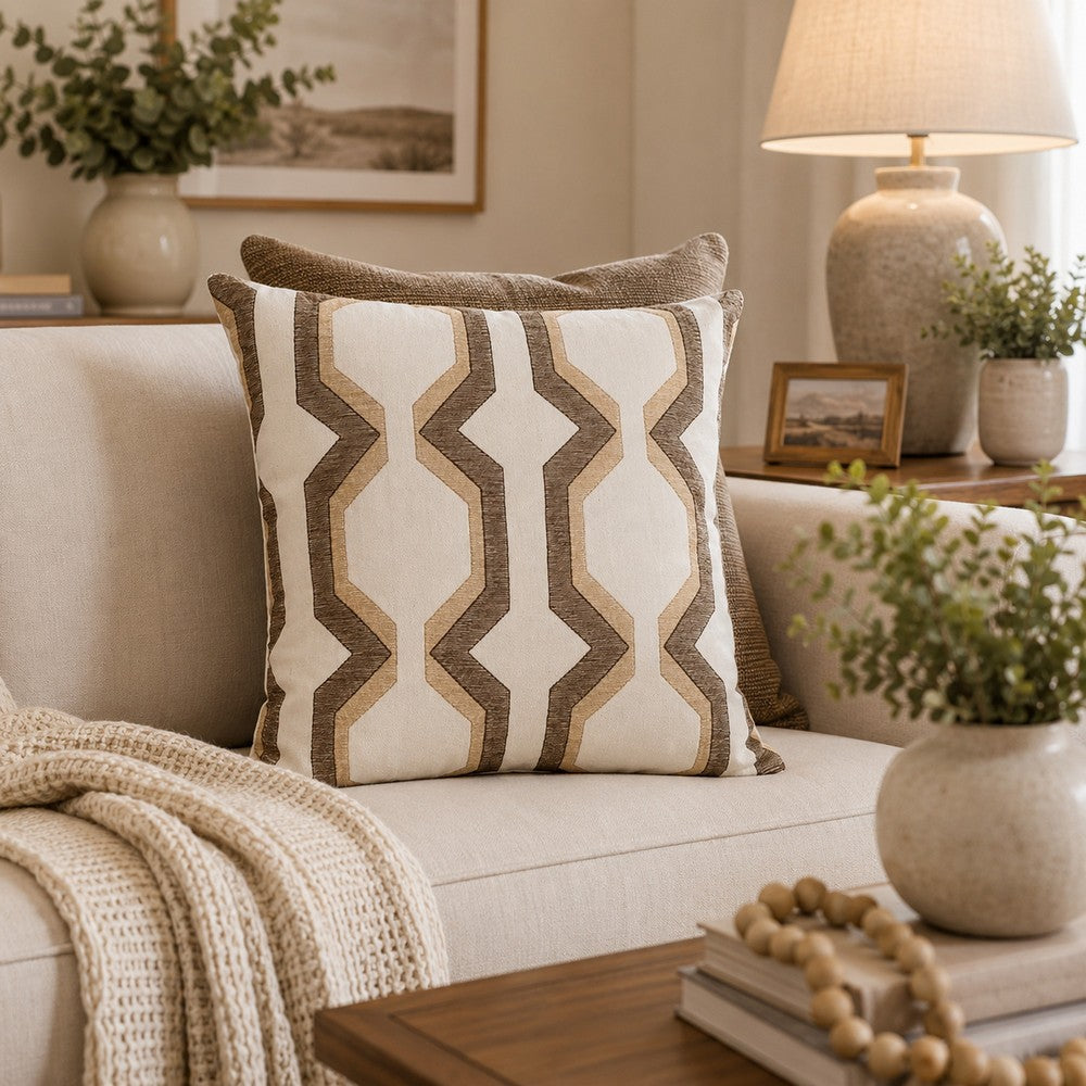 Pillow | Cotton | Geometric Embroidery | Brown & White