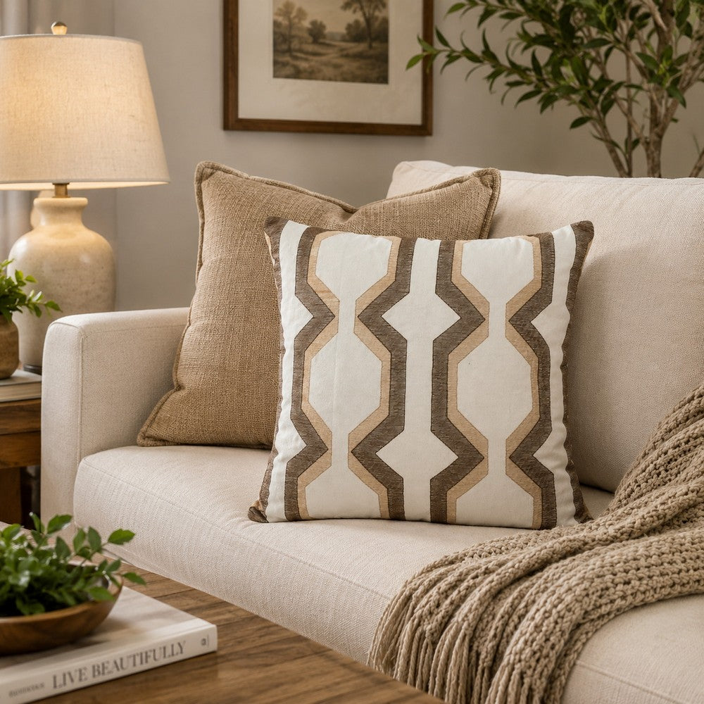 Pillow | Cotton | Geometric Embroidery | Brown & White