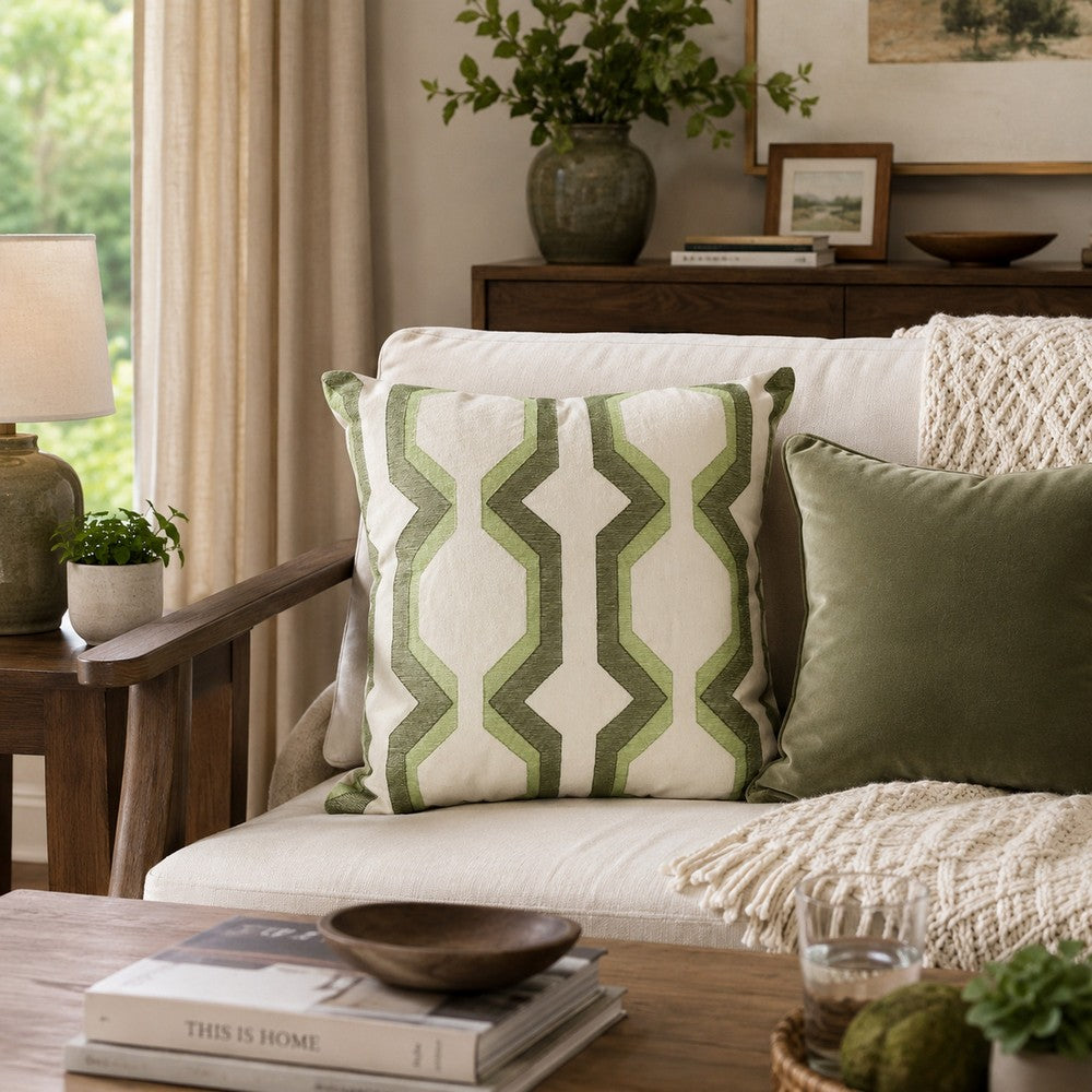 Pillow | Cotton | Geometric Embroidery | Green & White