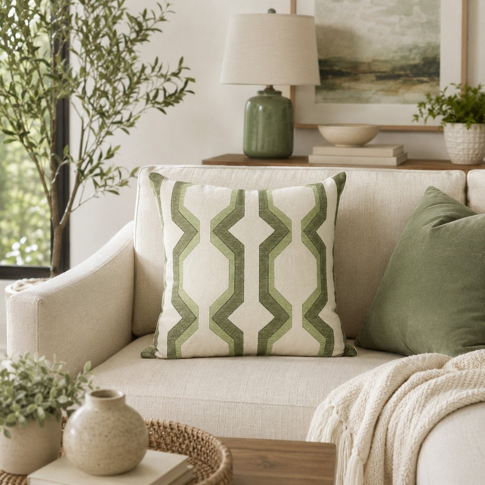 Pillow | Cotton | Geometric Embroidery | Green & White
