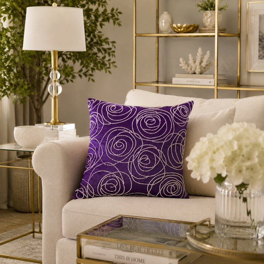 Pillow | Faux Silk Cotton | Pearl Beads | Designer Style | Purple & Silver