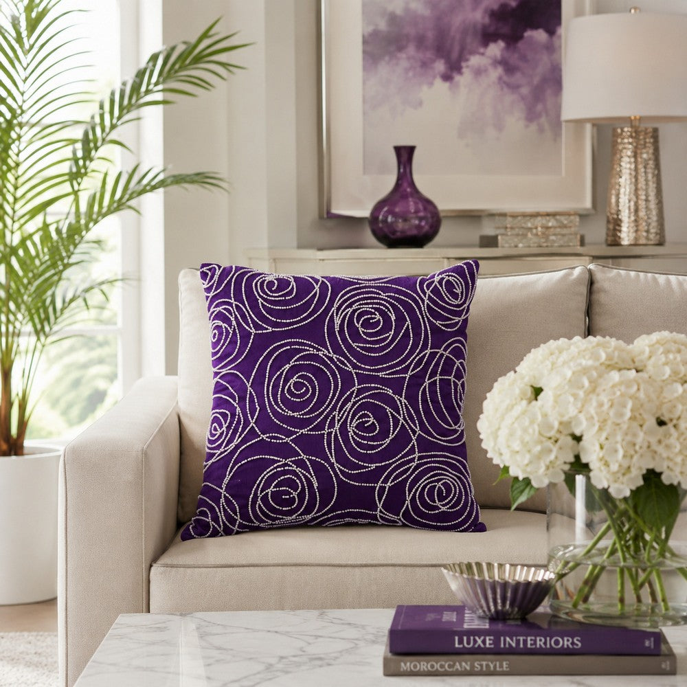 Pillow | Faux Silk Cotton | Pearl Beads | Designer Style | Purple & Silver