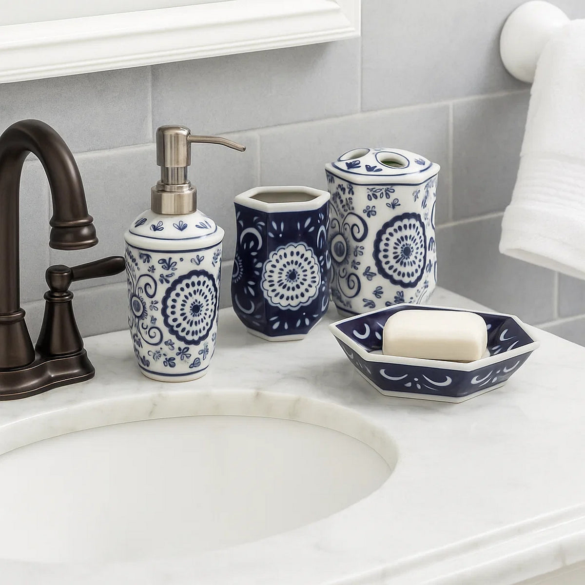 4 Piece Bath Accessories Set | Blue & White