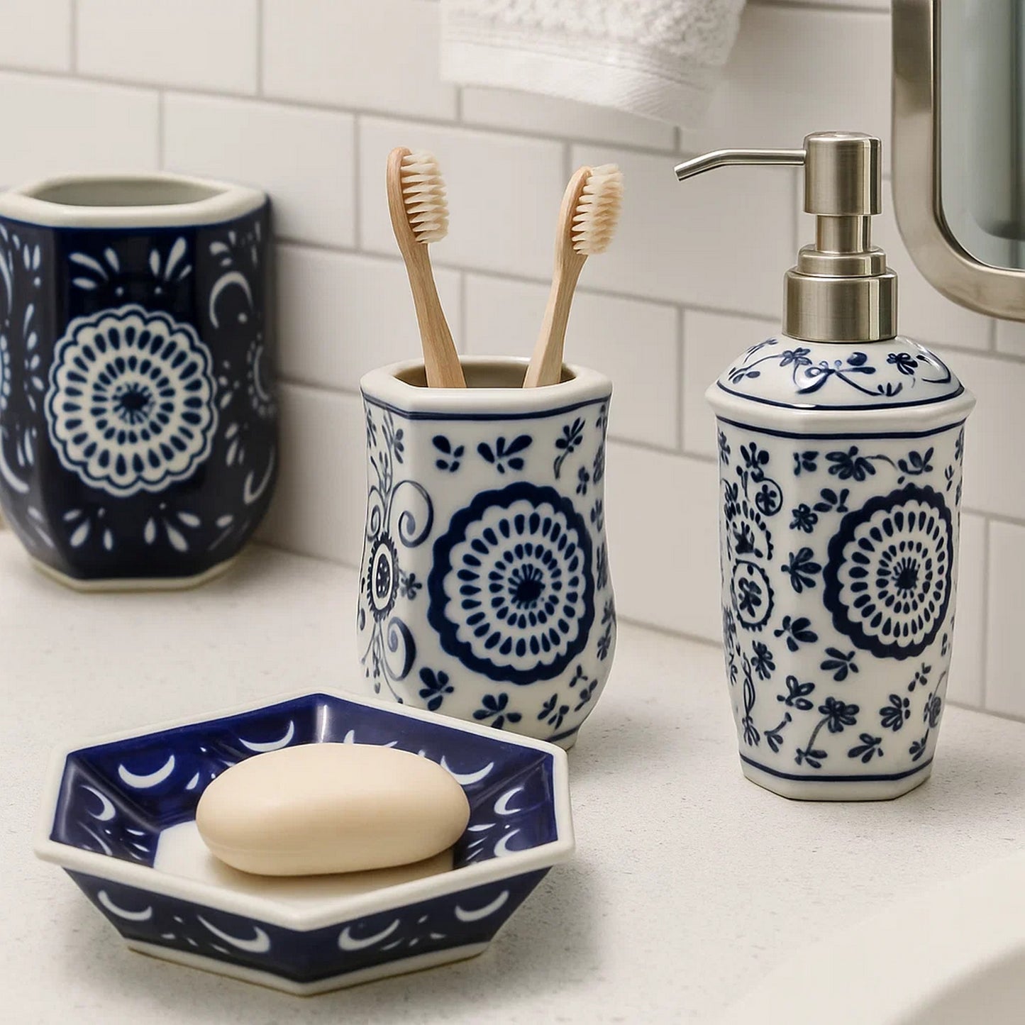 4 Piece Bath Accessories Set | Blue & White