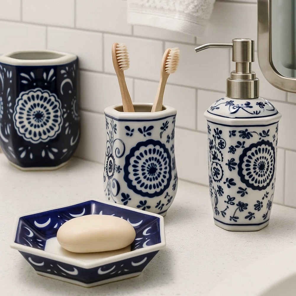 4 Piece Bath Accessories Set | Blue & White