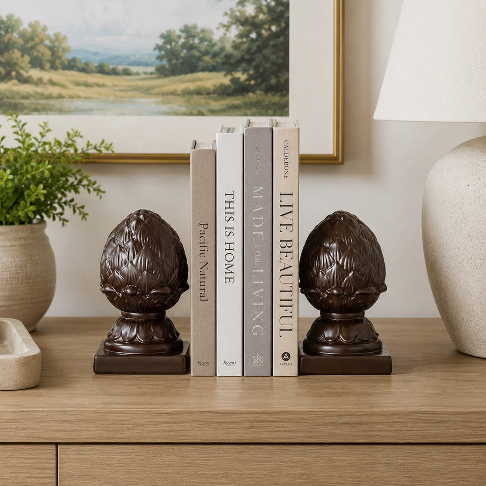 Bookends | Ceramic Artichoke | Square Base | Set of 2 | Brown