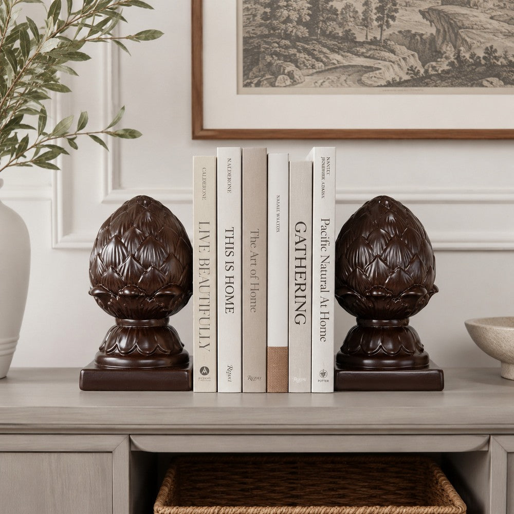 Bookends | Ceramic Artichoke | Square Base | Set of 2 | Brown