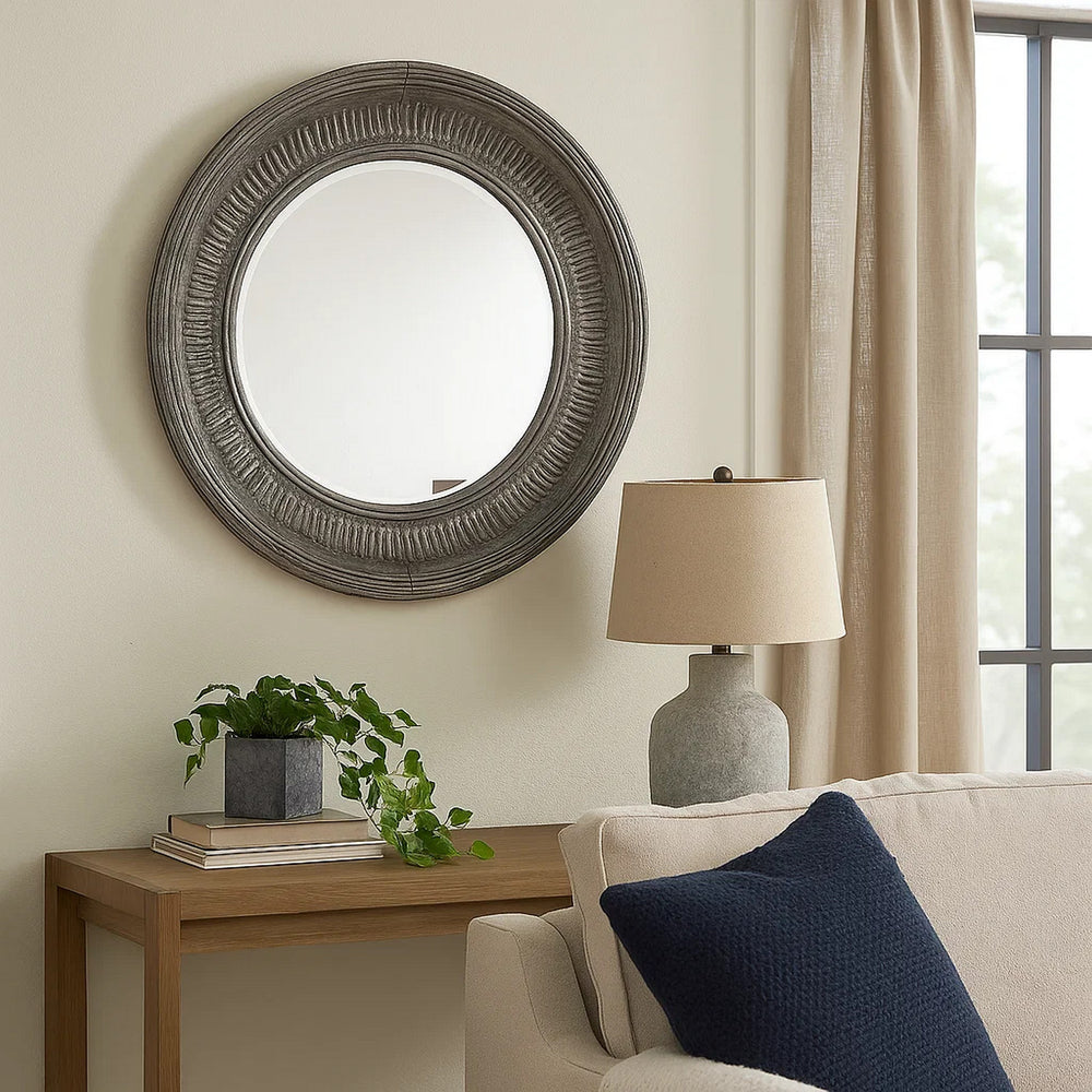 Wall Mirror | Round | Thick Embossed Metal Border | Antique Gray