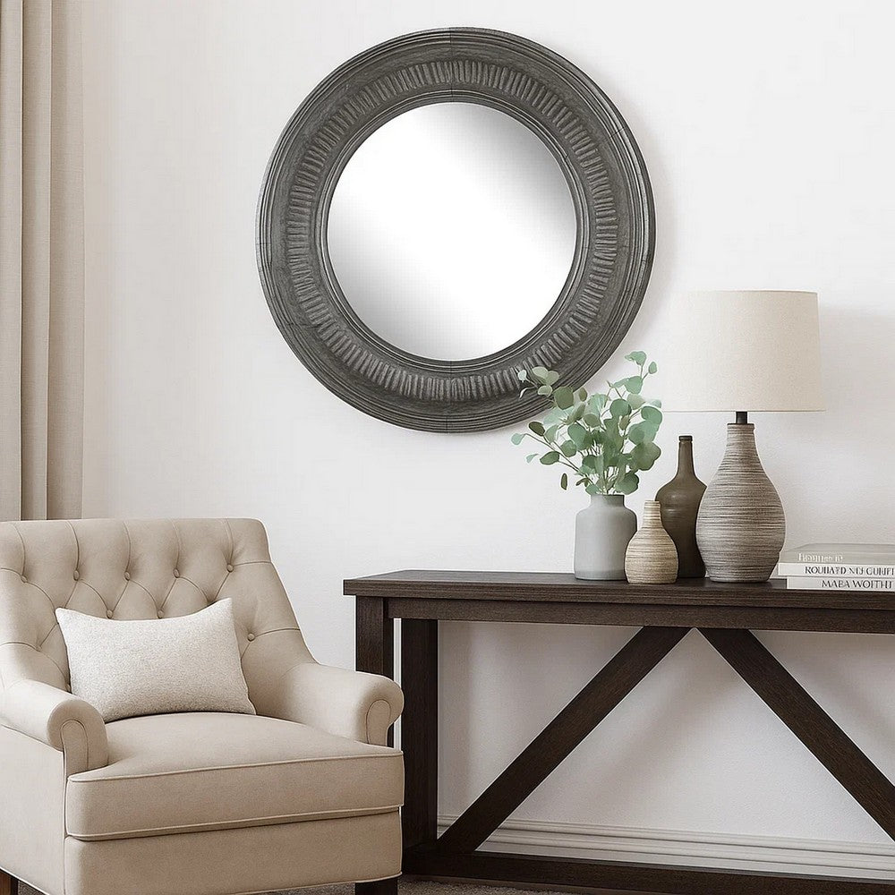 Wall Mirror | Round | Thick Embossed Metal Border | Antique Gray