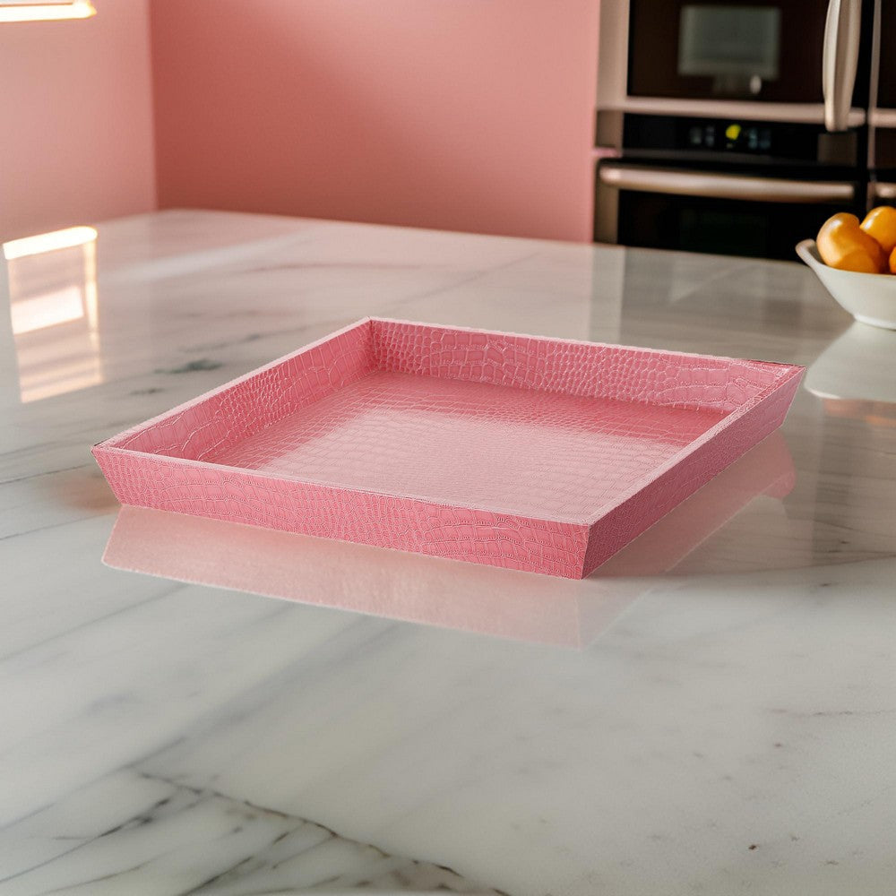 Serving Tray | Wood & Faux Leather | Raised Sides | Pink