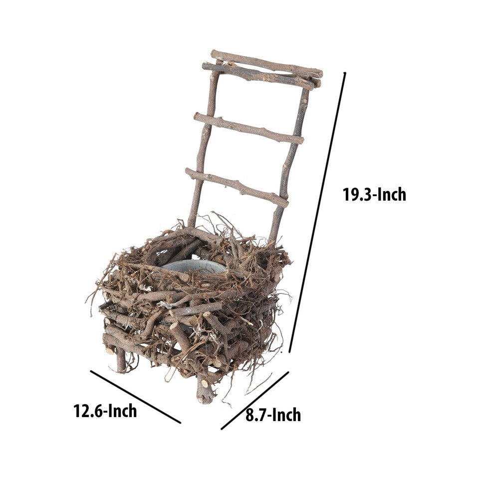 Nature Inspired Wooden Nest Planter with Clay Pot, Gray and Brown - BM200899