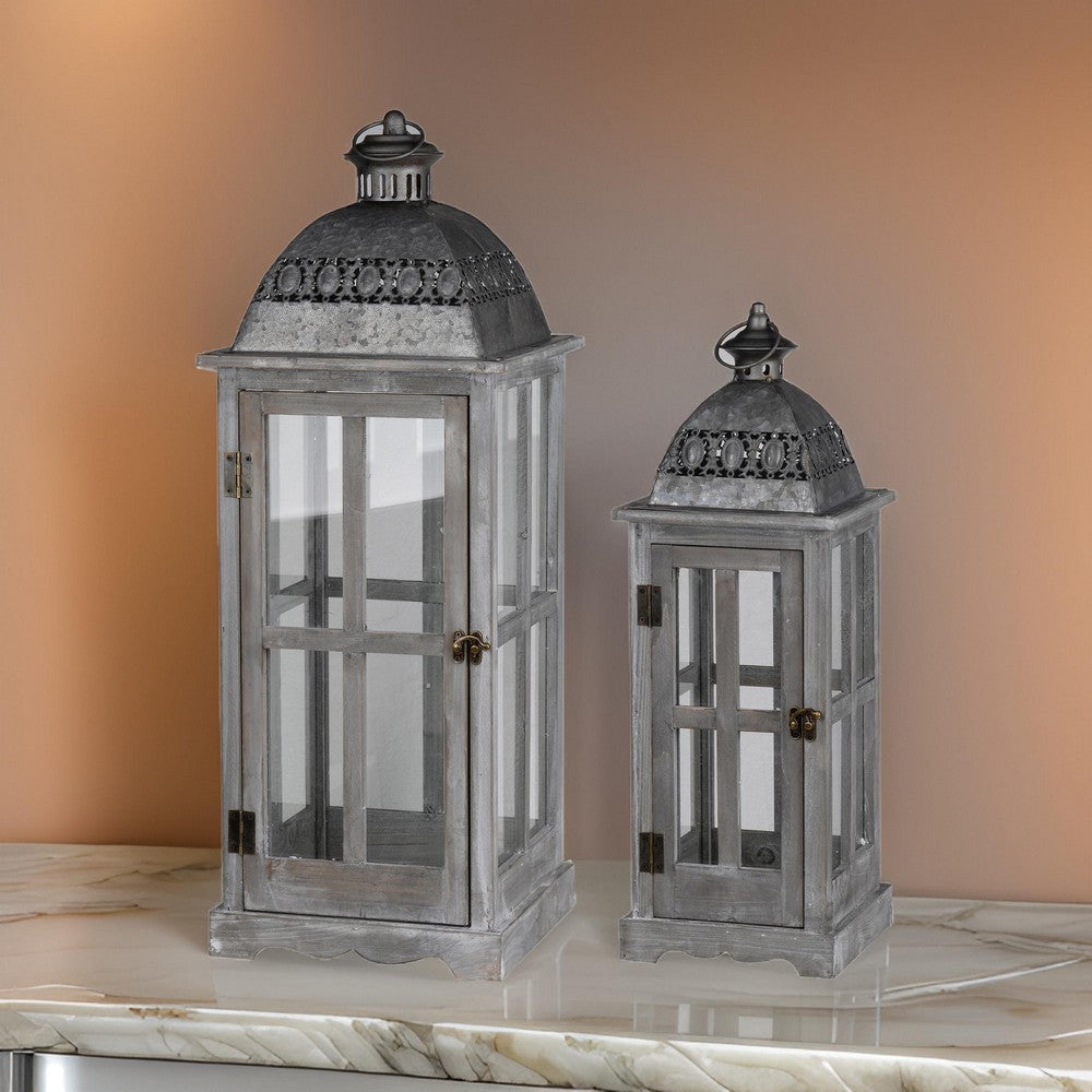 Lantern Set | Wood & Metal | Glass Pane Design | Set of 2 | Gray