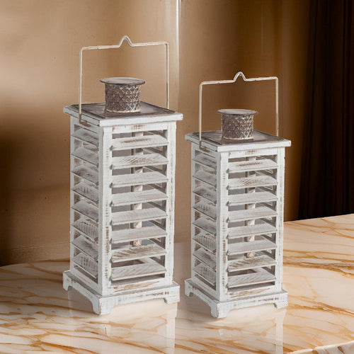 Lantern Set | Wood & Metal | Louvered Design | Set of 2 | White