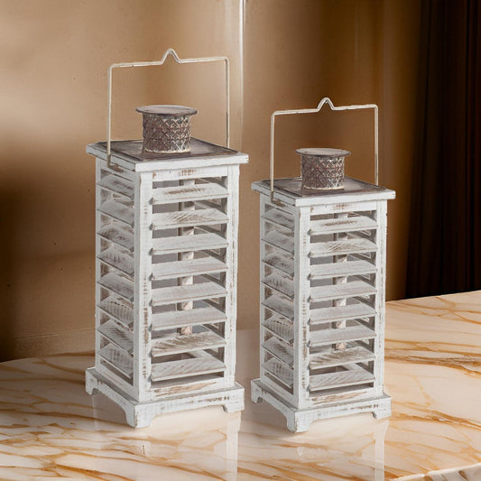 Lantern Set | Wood & Metal | Louvered Design | Set of 2 | White