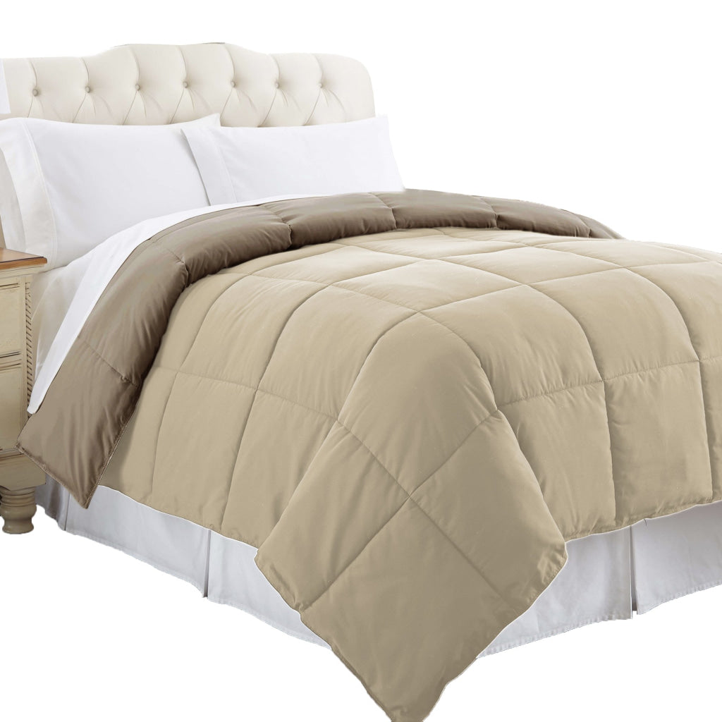 Genoa Twin Size Box Quilted Reversible Comforter By Casagear Home Brown and Gold BM202042