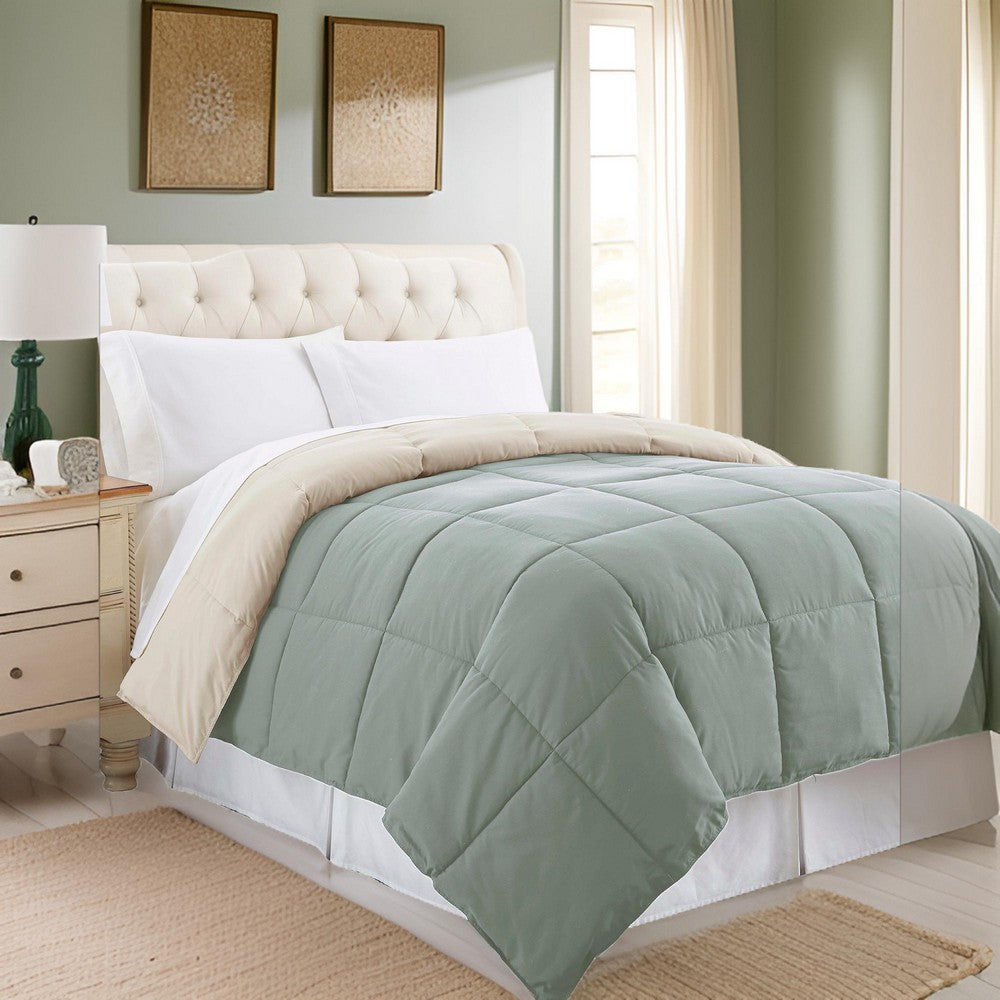Genoa Twin Size Box Quilted Reversible Comforter By Casagear Home, Gray and Beige