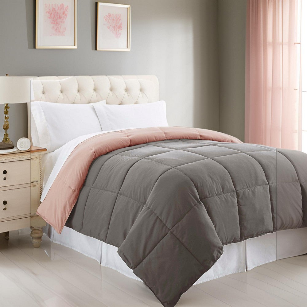 Genoa Queen Size Box Quilted Reversible Comforter By Casagear Home, Gray and Pink