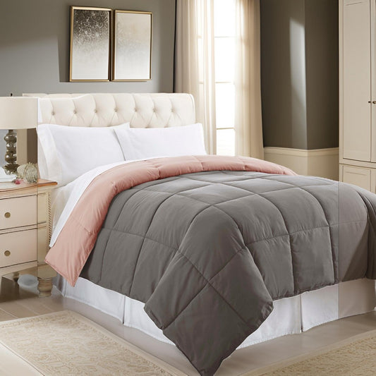 Genoa King Size Box Quilted Reversible Comforter By Casagear Home, Gray and Pink